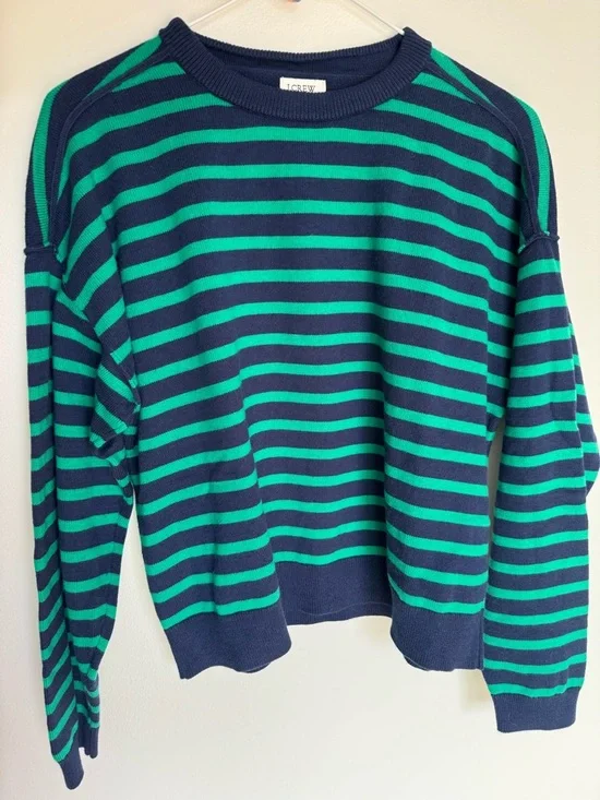 J. Crew Navy and Green Striped Crewneck Sweater NWOT - Picture 2 of 4
